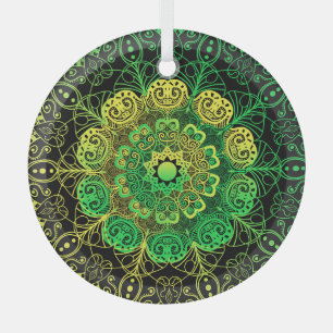 Mandala Art: Green Yellow Detail. Glass Ornament