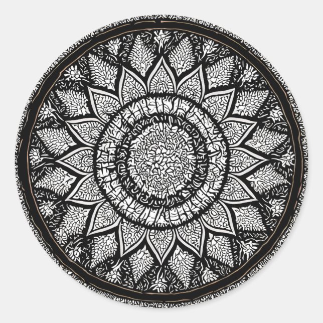 MANDALA ARTS - BLACK AND WHITE - FLOWER STYLE CLASSIC ROUND STICKER (Front)