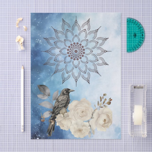 Mandala Black Raven White Flowers Blue Background Tissue Paper (Craft)