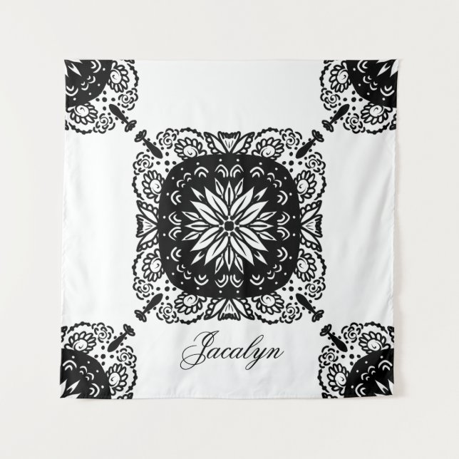 Mandala Black White Floral Nom Tapisserie (Devant)