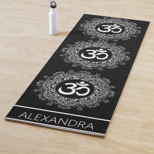 Mandala Black White Om Symbol Name Personalized Yoga Mat