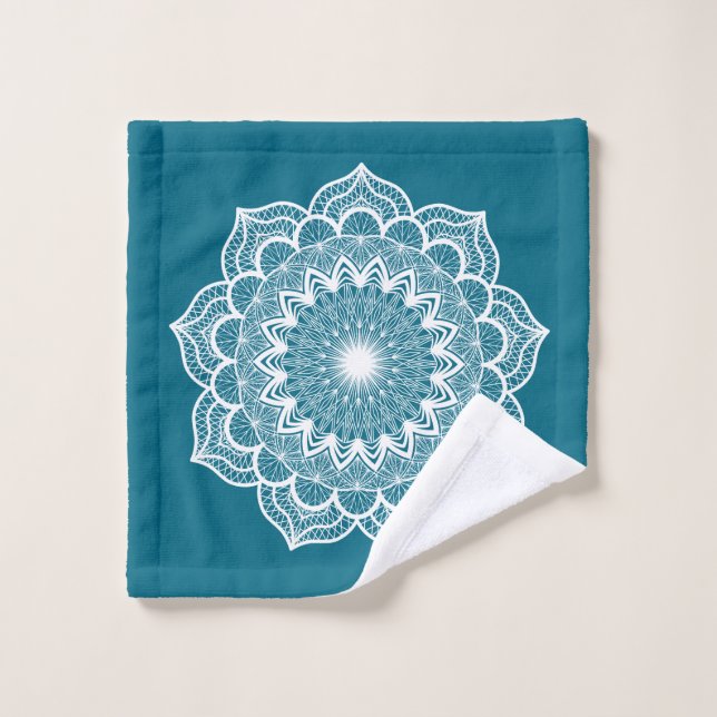 Mandala blanc sur fond bleu (Gant de toilette)