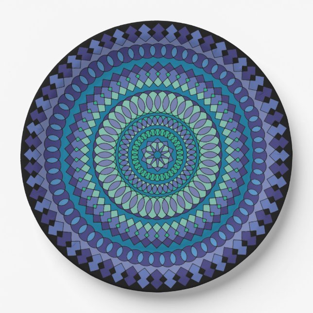 Mandala Blue and Green Party Paper Plate (Front)