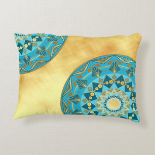 Mandala blue gold on Soft Gold Background Accent Pillow