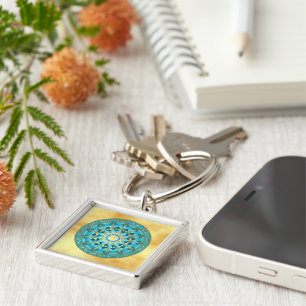 Mandala blue gold on Soft Gold Background Keychain