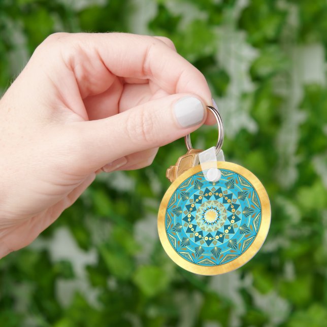 Mandala blue gold on Soft Gold Background Keychain (Hand)
