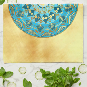 Mandala blue gold on Soft Gold Background Kitchen Towel