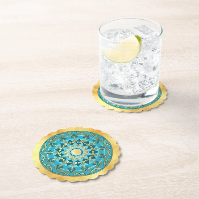 Mandala blue gold on Soft Gold Background Paper Coaster (Insitu)