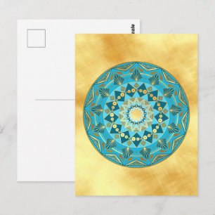 Mandala blue gold on Soft Gold Background Postcard