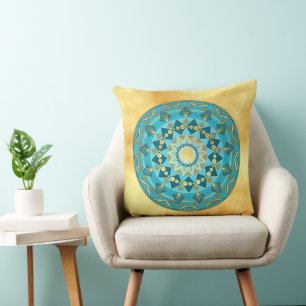 Mandala blue gold on Soft Gold Background Throw Pillow