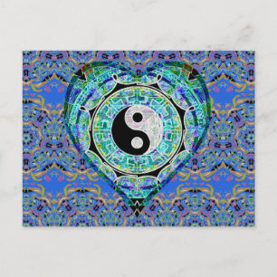 Mandala Blue Green Heart Yin Yang Postcard