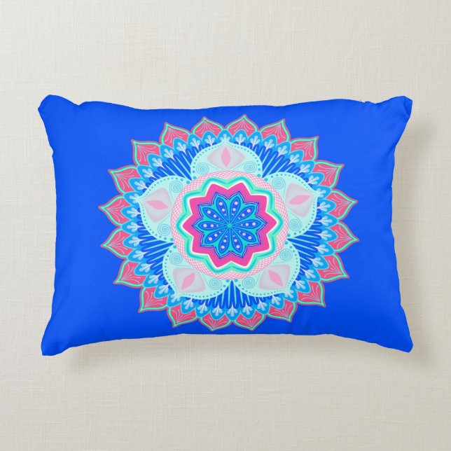 Mandala Blue Pink on Blue Background Accent Pillow (Front)