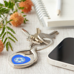 Mandala Blue Pink on Blue Background Keychain