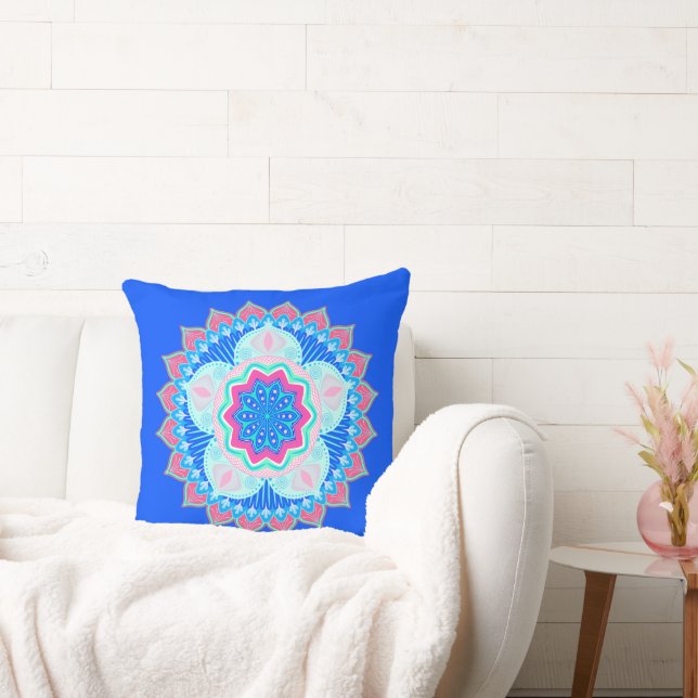Mandala Blue Pink on Blue Background Throw Pillow (Couch)