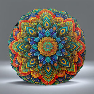 Mandala Blue Teal Colourful Illustration Round Pillow
