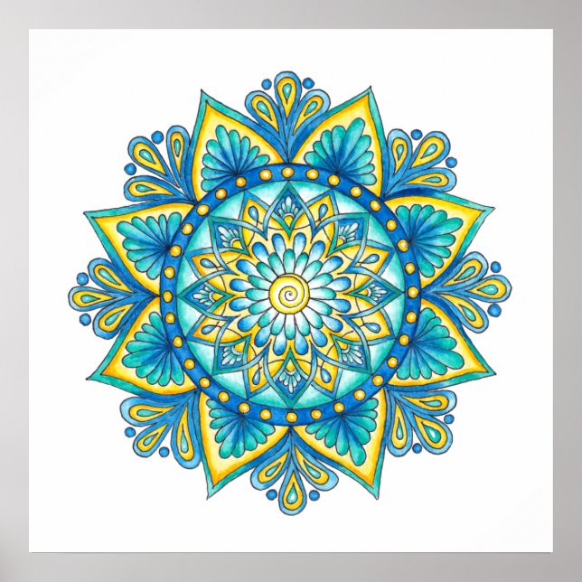 Mandala Blue Turquoise Yellow  Watercolor  Poster (Front)