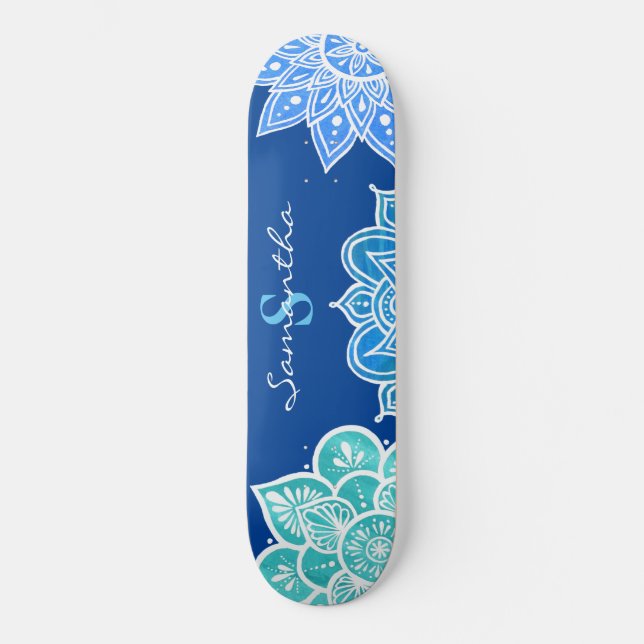 Mandala Blue White Turquoise Monogram Skateboard (Front)