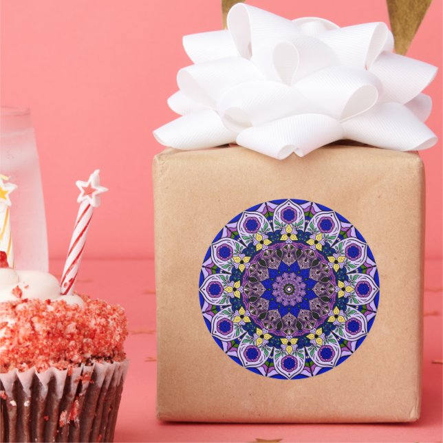 Mandala Blueberry 12 Petals Blue Violet  Classic Round Sticker (Party)