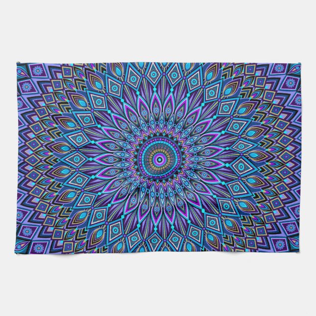Mandala Boho Blue Teal Purple Peacock Colourful Kitchen Towel (Horizontal)