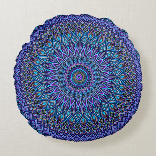 Mandala Boho Blue Teal Purple Peacock Gold Magic Round Pillow (Front)