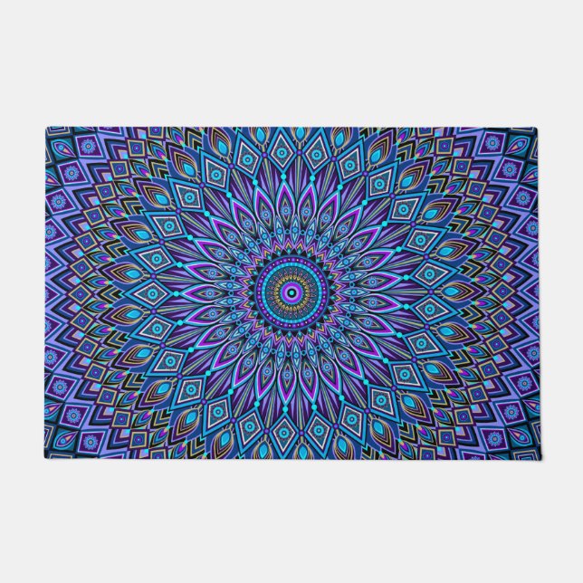 Mandala Boho Blue Teal Purple Peacock Gold Vibrant Doormat (Front)