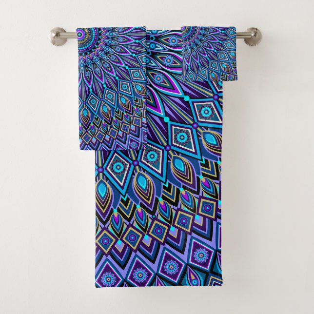 Mandala Boho Blue Teal Purple Peacock Oriental Bath Towel Set (Insitu)