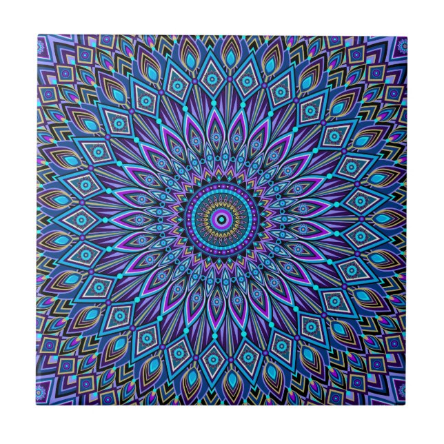 Mandala Boho Blue Teal Purple Peacock Oriental Tile (Front)