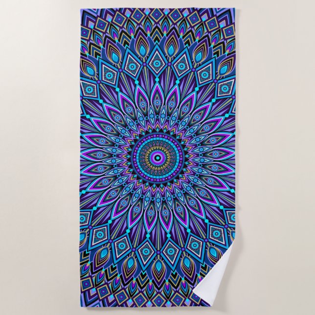 Mandala Boho Blue Teal Purple Peacock Vibrant Beach Towel (Front)