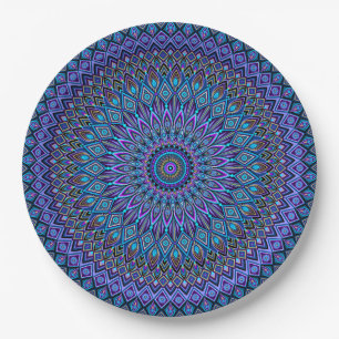 Mandala Boho Blue Teal Purple Peacock Vibrant Paper Plate