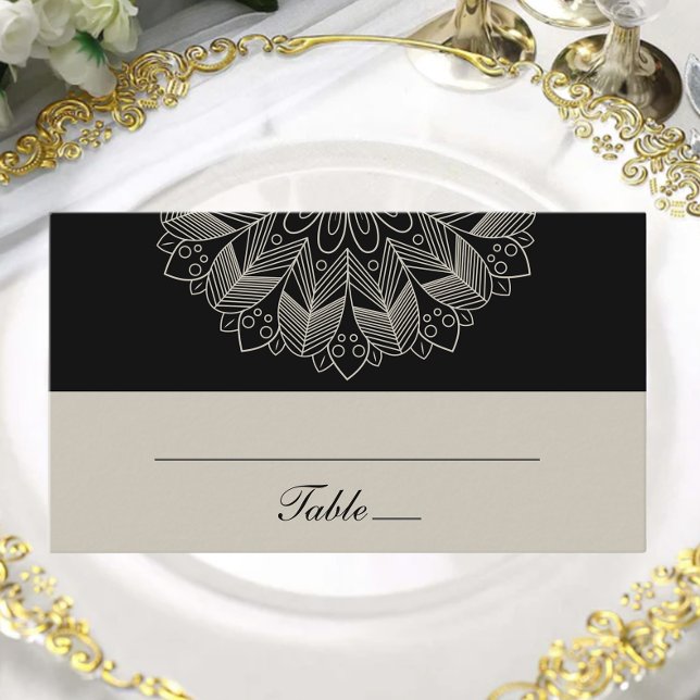 Mandala Boho Indian Elegant Black Wedding Escort Place Card (Creator Uploaded)