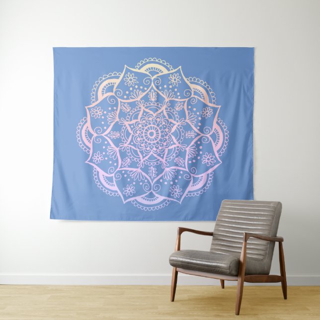Mandala Boho Pastel Blue Gradient Tapestry (In Situ (Horizontal))