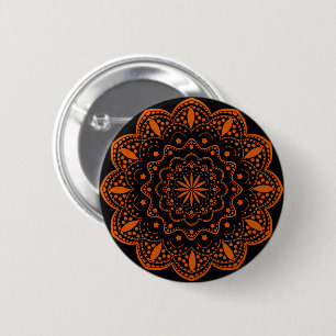 Mandala Button   Black and Orange
