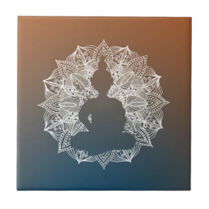 Mandala Circle Buddha Blue and Orange Tile