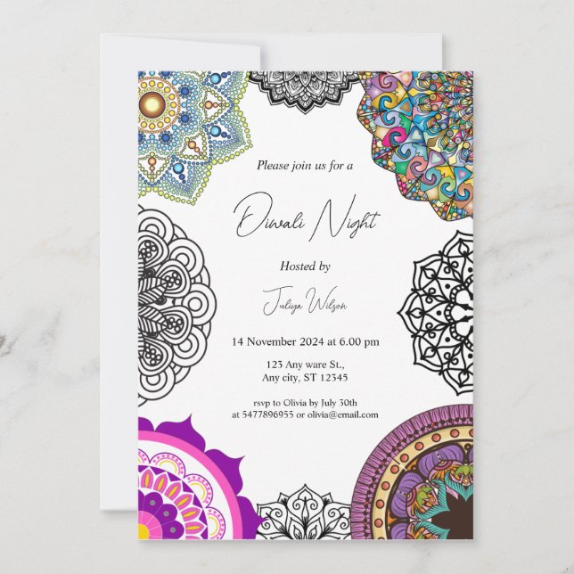 Mandala colorée Diwali nuit Invitation (Devant)