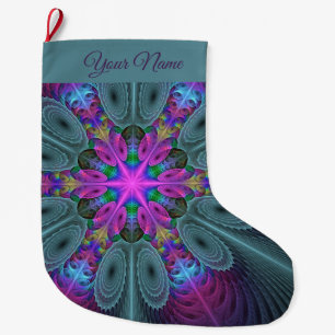 Mandala Colourful Fractal Art With Pink Own Name Large Christmas Stocking
