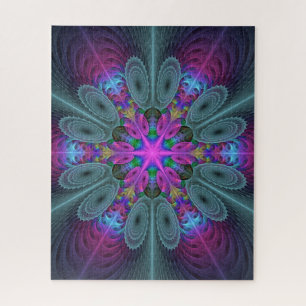 Mandala Colourful Spiritual Fractal Art With Pink Jigsaw Puzzle