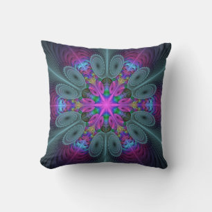 Mandala Colourful Spiritual Fractal Art With Pink Throw Pillow