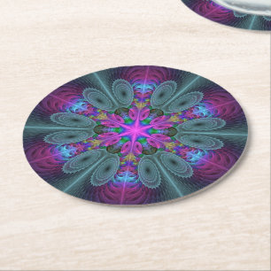 Mandala Colourful Striking Fractal Art Kaleidoscop Round Paper Coaster
