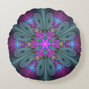 Mandala Colourful Striking Fractal Art Kaleidoscop Round Pillow