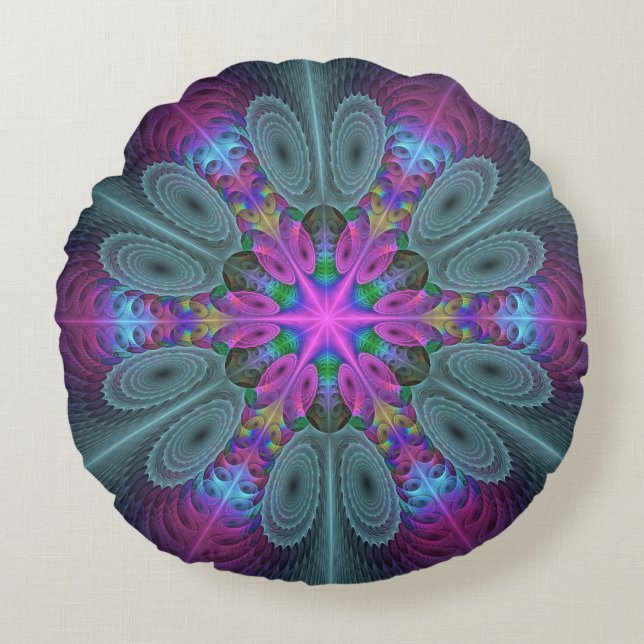 Mandala Colourful Striking Fractal Art Kaleidoscop Round Pillow (Front)