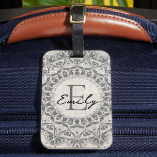 Mandala Custom Name Monogram Monochrome Light Grey Luggage Tag