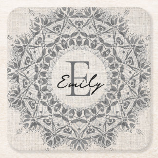Mandala Custom Name Monogram Monochrome Light Grey Square Paper Coaster