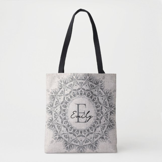Mandala Custom Name Monogram Monochrome Light Grey Tote Bag (Front)