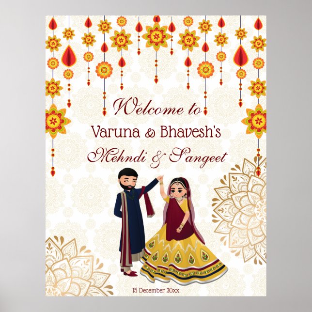 Mandala decor dancing Indian couple mehndi sangeet (Front)