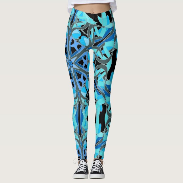 Mandala Design, Blue Ivy on Black Leggings (Front)
