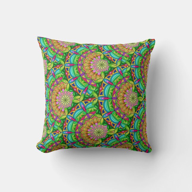 Mandala Design, Neon Pinwheels Throw Pillow (Front)