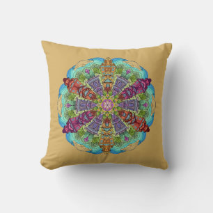 Mandala Design, VIctorian Homes, Aqua/Tan Throw Pillow