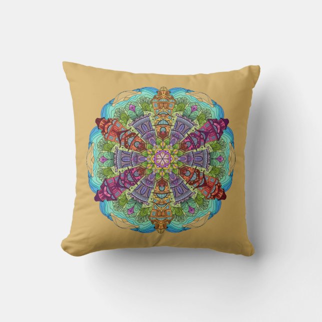 Mandala Design, VIctorian Homes, Aqua/Tan Throw Pillow (Front)