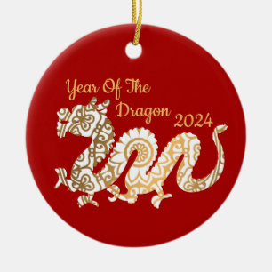 Mandala Dragon 2024 Chinese New Year Red Ceramic Ornament