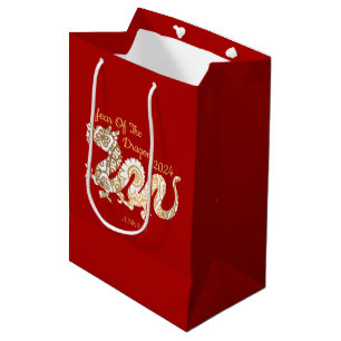 Mandala Dragon 2024 Chinese New Year Red Medium Gift Bag